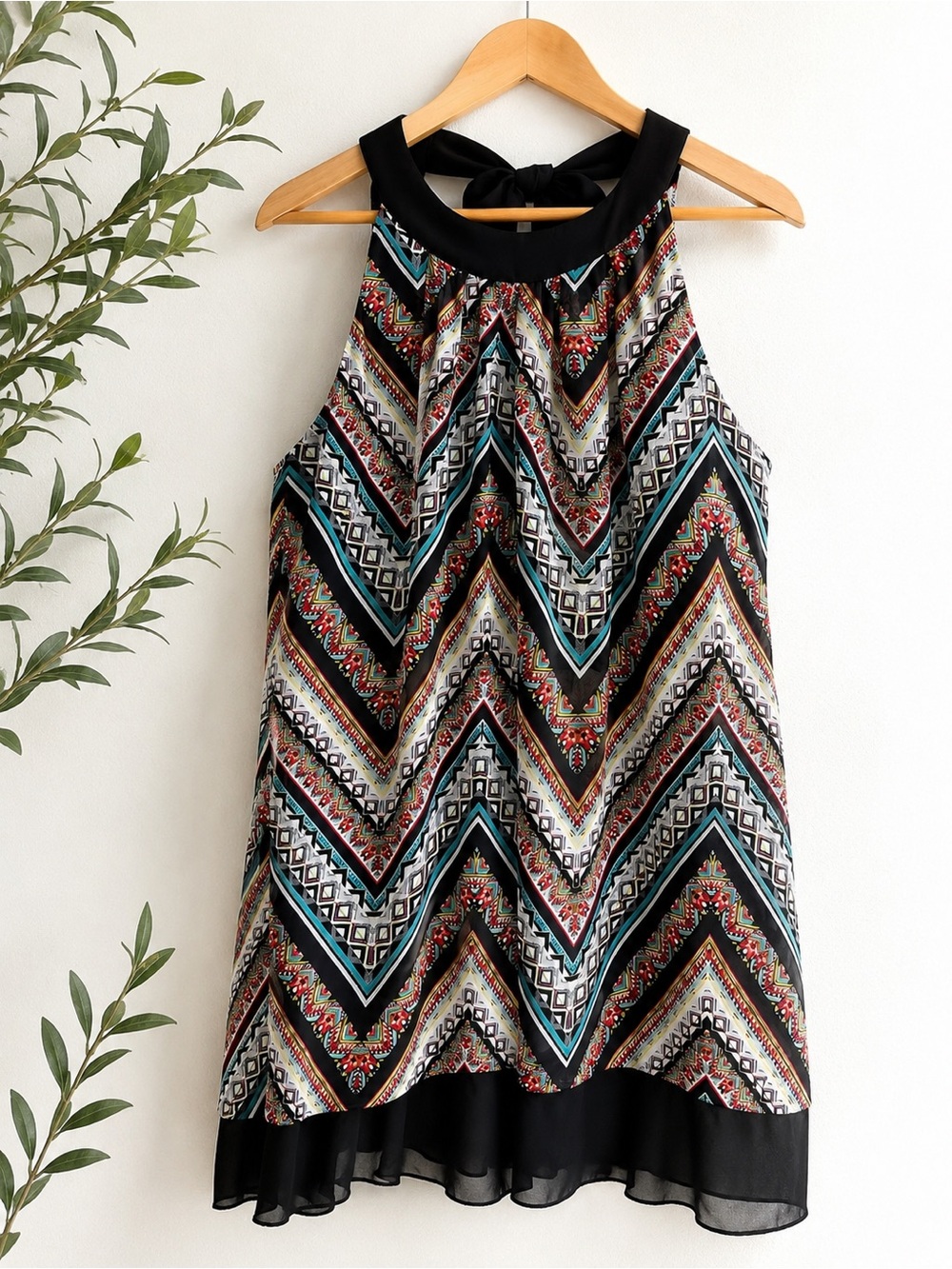Boho Chevron Print Mini Dress - Black & Teal